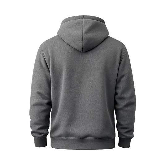Men’s gray pullover hoodie back view showing relaxed fit and ribbed hem