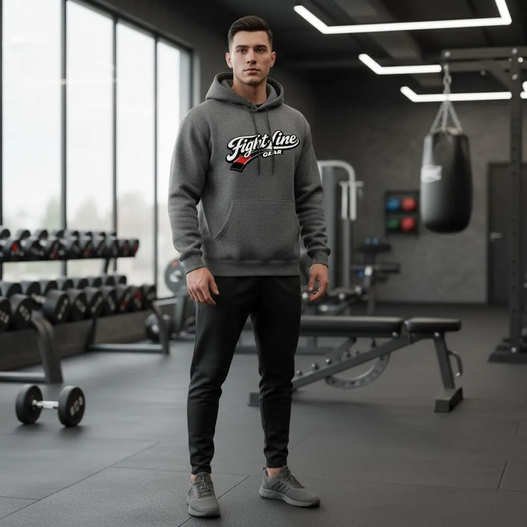 Male model wearing gray hoodie front pose styled with joggers