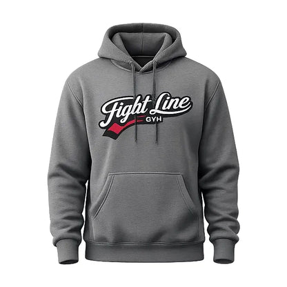 Men’s gray fleece hoodie front view with kangaroo pocket and adjustable hood